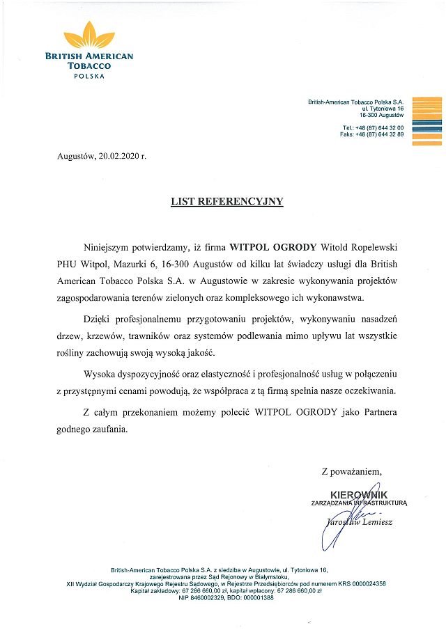 List referencyjny dla Witpol od BAT